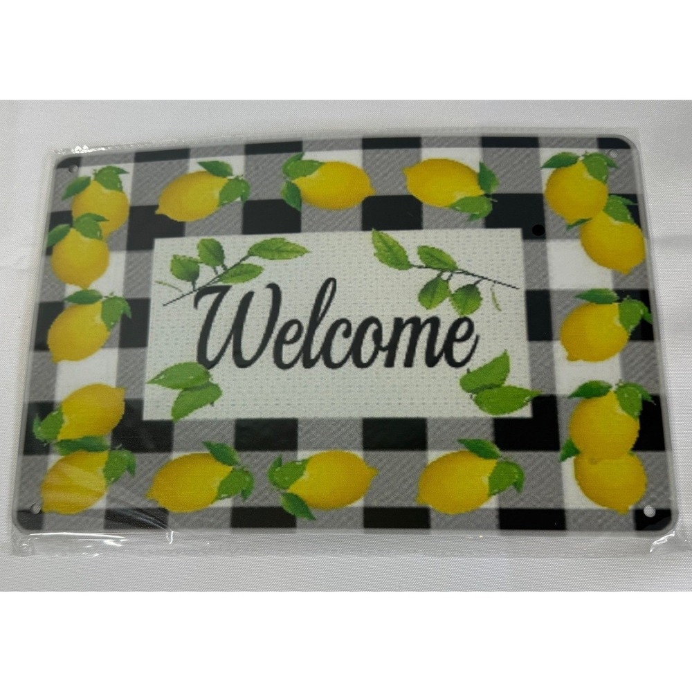 NEW Welcome Metal Sign Buffalo Plaid Yellow Lemon Wreaths Craft Cottagecore 12x8